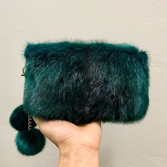 Handmade Real Mink Fur Clutch/Shoulder Bag/Crossbody & Fur Balls Charm - Picture 13 of 17